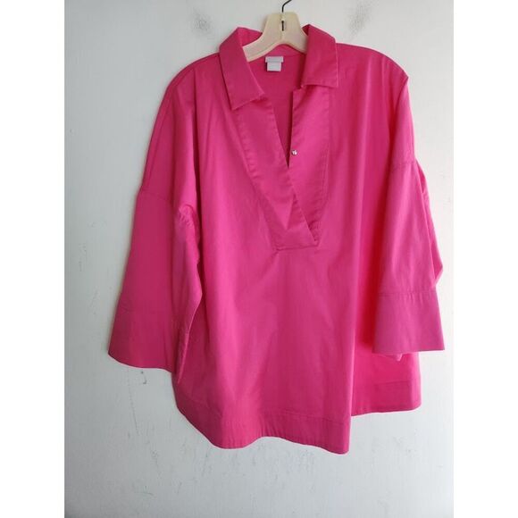 Chico's Women Fuschia Pink Cotton V-Neck Pop Over Tunic Blouse size 2 or US 14 - Picture 1 of 6